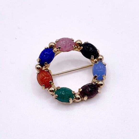 Vintage Egyptian Revival Scarab Gemstones Brooch 1” Long - Picture 2 of 6